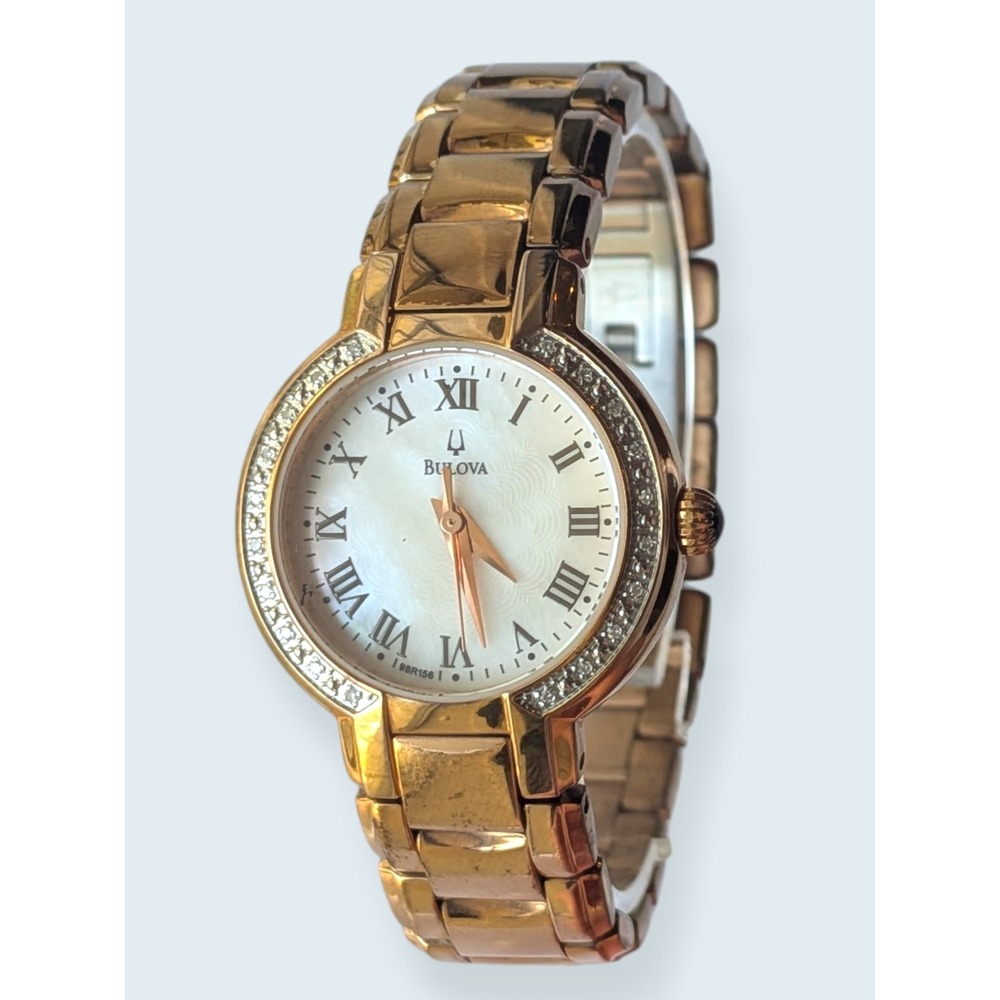 Bulova Diamond Bezel Watch Women 6.5" Rose Gold Excellent Mother of Pearl 98R156